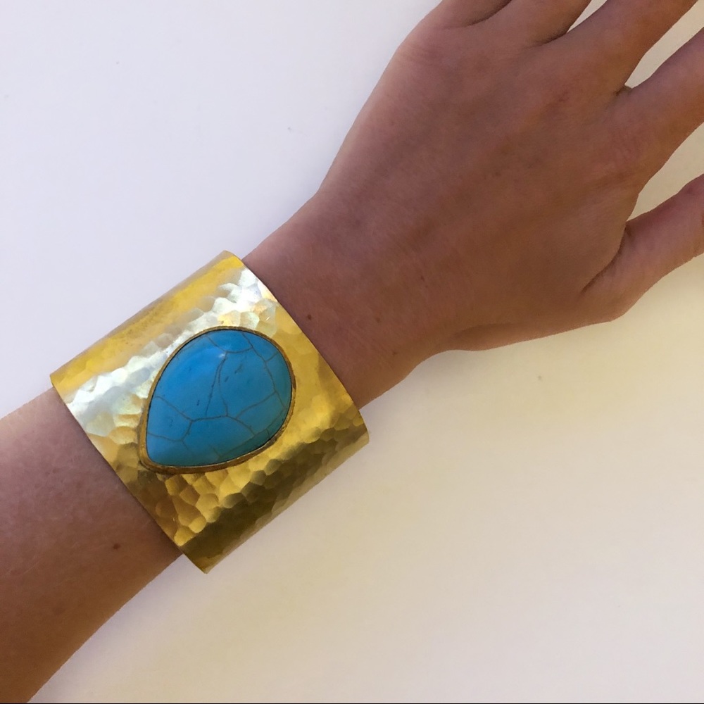 Hammered Gold Cuff Bangle with Turquoise Stone